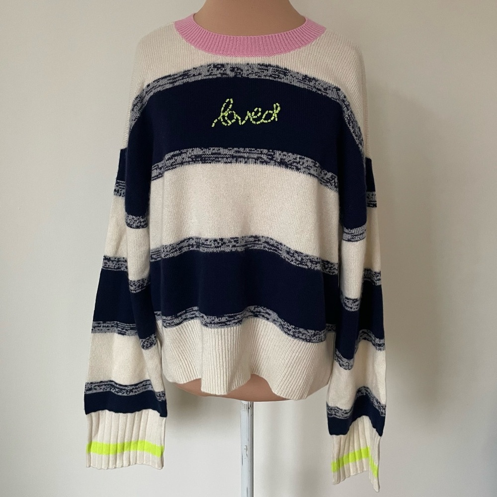 Kerri Rosenthal Loved Embroidered Rugby Stripe Cashmere Crew Neck Sweater Euc L